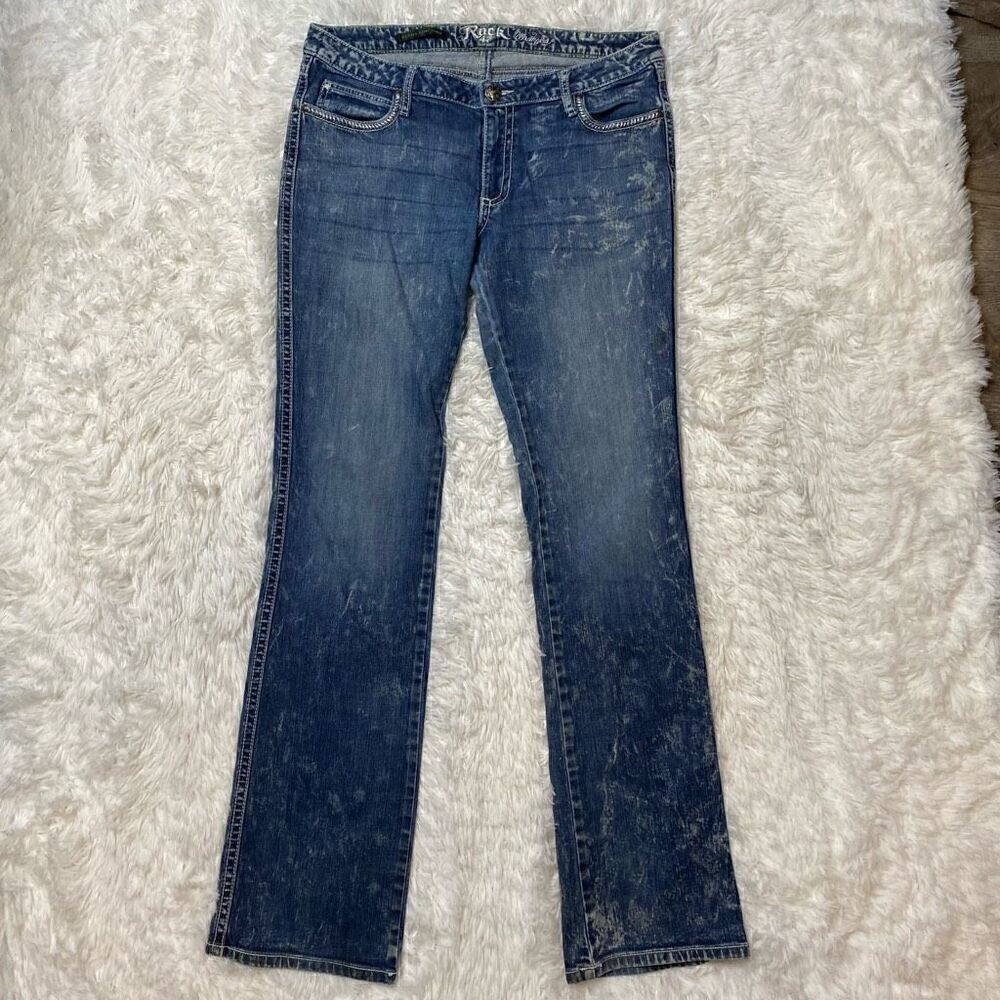 Wrangler Rock 47 Jeans Womens 35x35 Ultra Low Rise Flap Pockets Embroidered